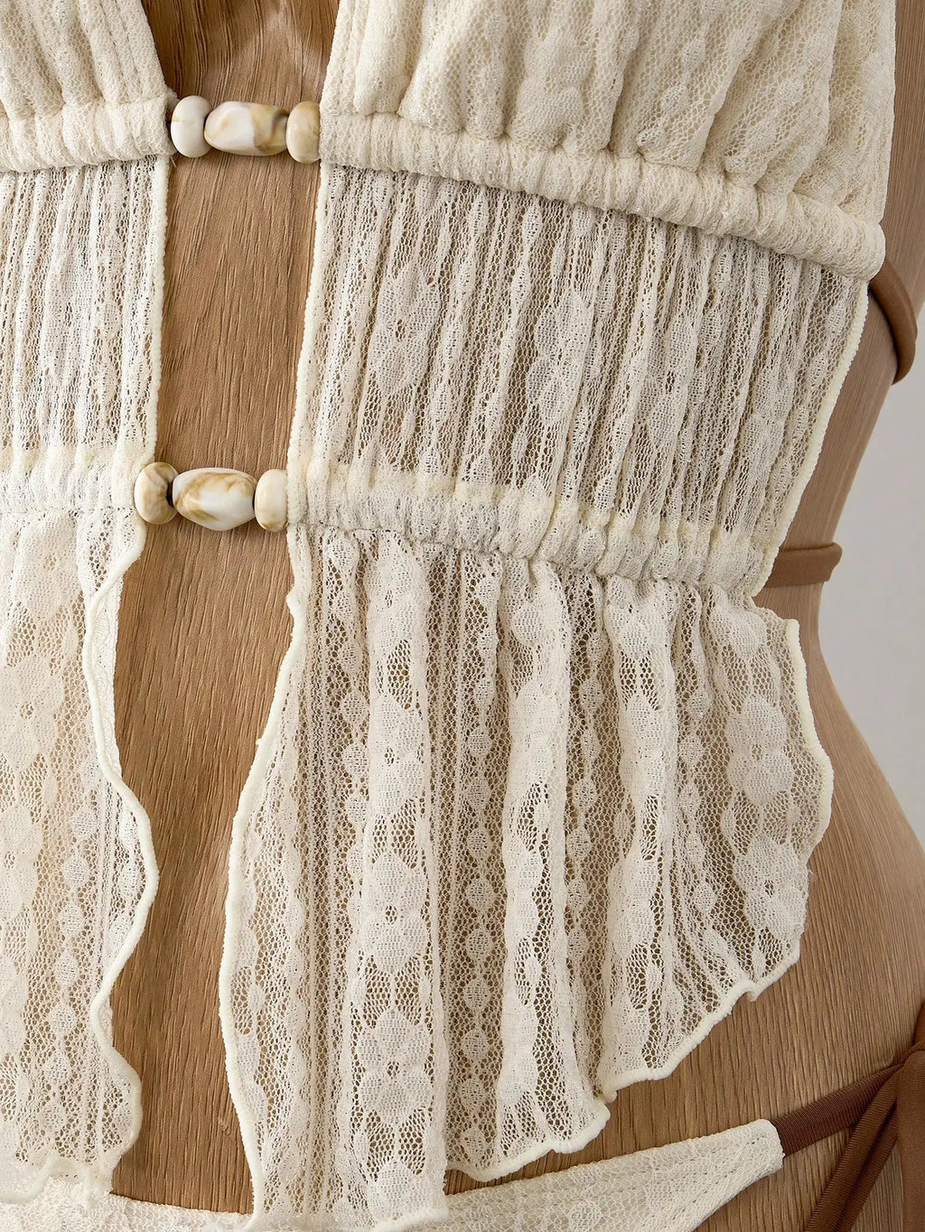 Cream Lace Halter Neck Tankini Set Beaded Detail And Tie Side Bottoms