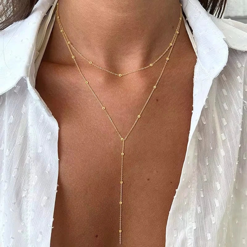 Stainless Steel Lariat Necklace Gold Plated Dainty Long Layered Y Shape Pendant