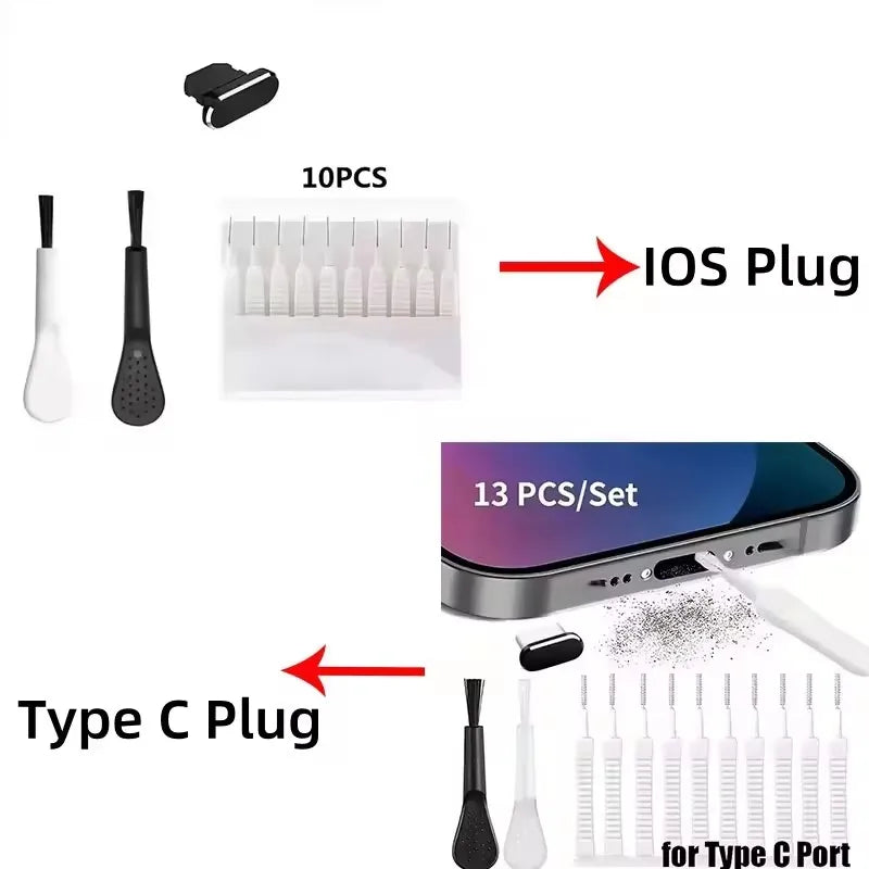 Charging Port Dust Plug With Cleaning Brush For IPhone Type C Samsung Xiaomi Set