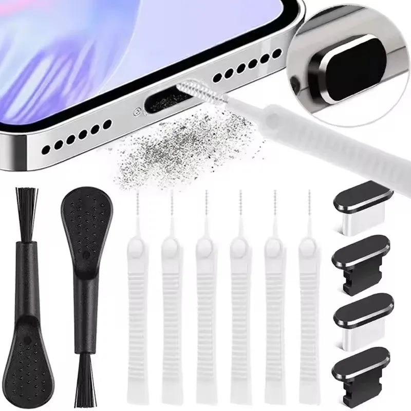 Charging Port Dust Plug With Cleaning Brush For IPhone Type C Samsung Xiaomi Set