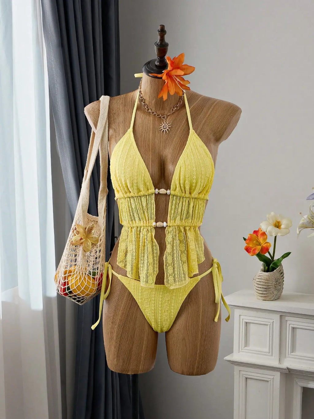 Cream Lace Halter Neck Tankini Set Beaded Detail And Tie Side Bottoms