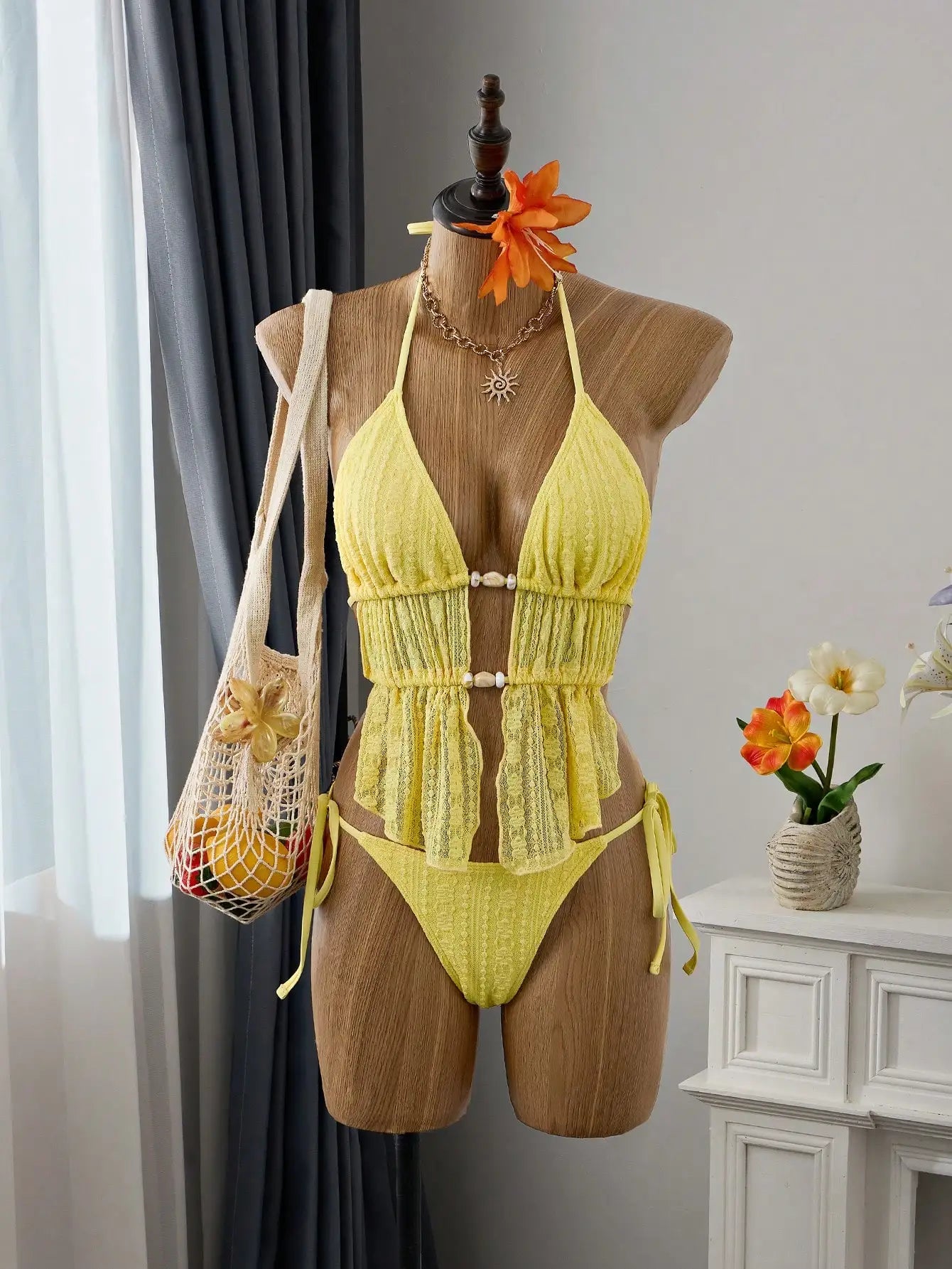 Cream Lace Halter Neck Tankini Set Beaded Detail And Tie Side Bottoms