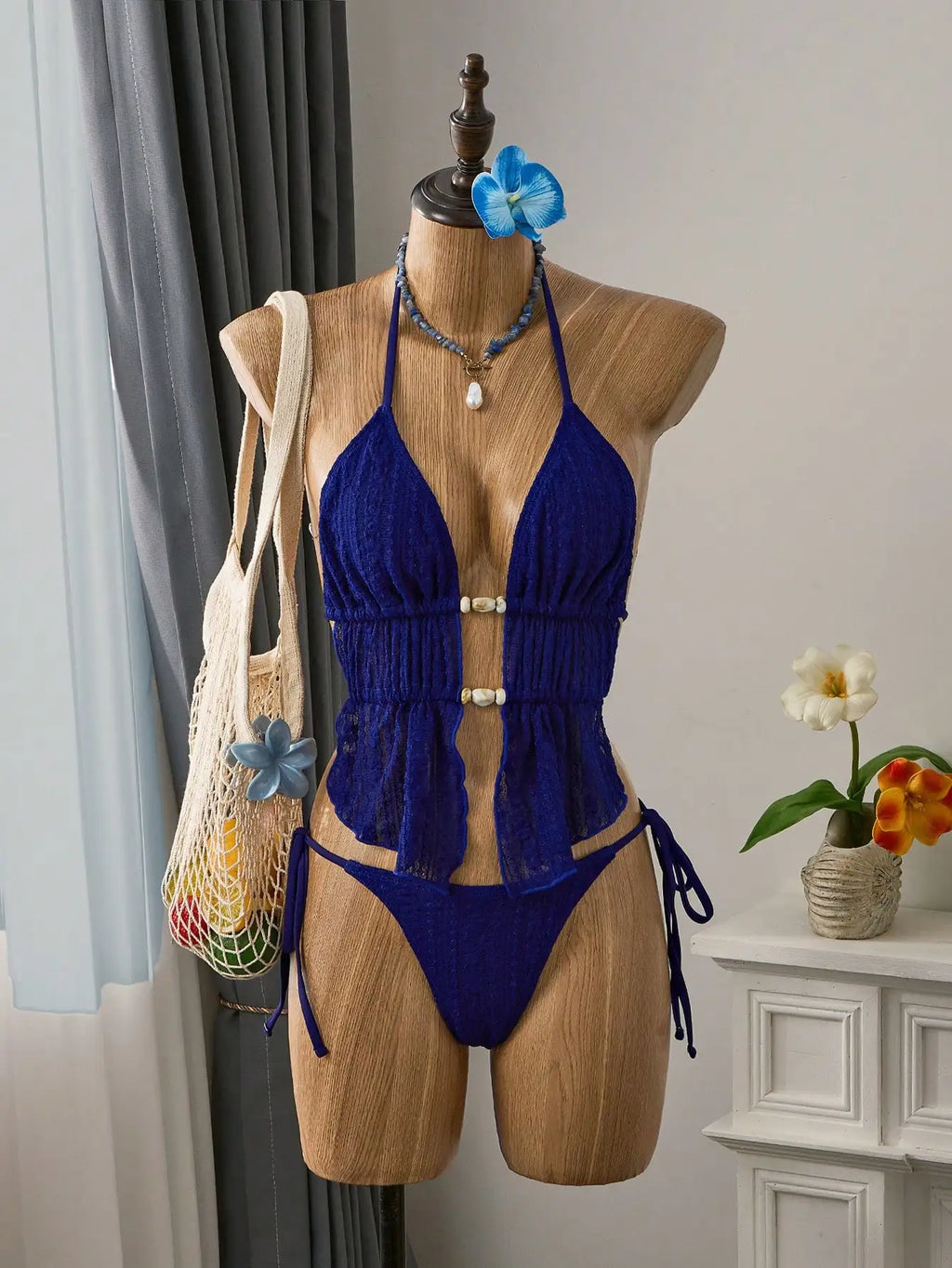 Cream Lace Halter Neck Tankini Set Beaded Detail And Tie Side Bottoms