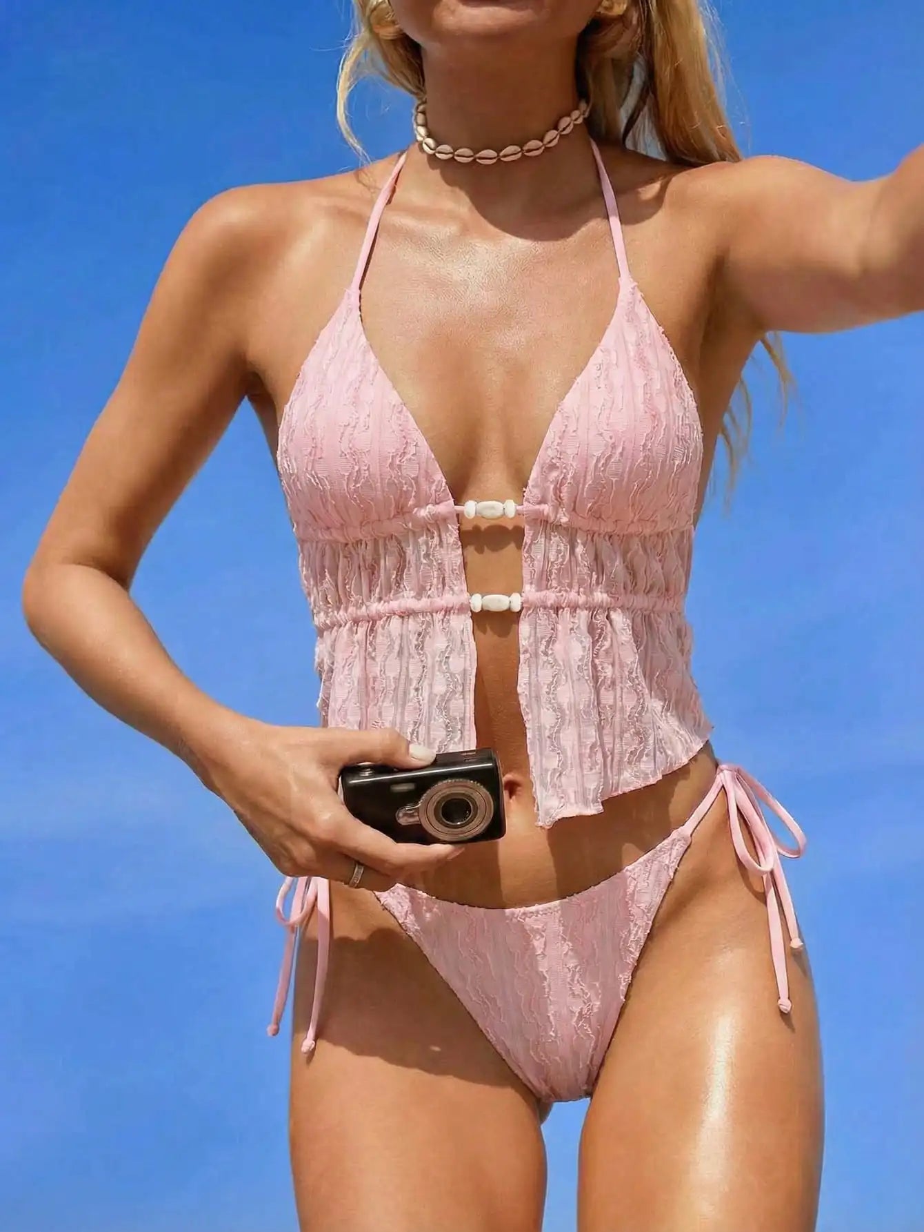 Cream Lace Halter Neck Tankini Set Beaded Detail And Tie Side Bottoms