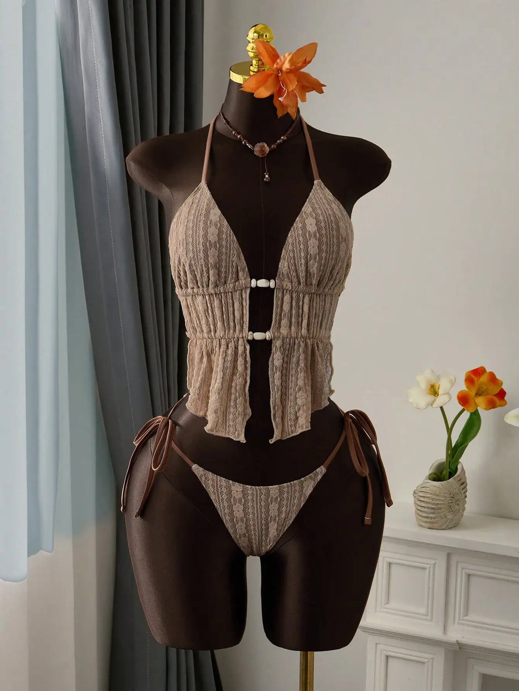 Cream Lace Halter Neck Tankini Set Beaded Detail And Tie Side Bottoms