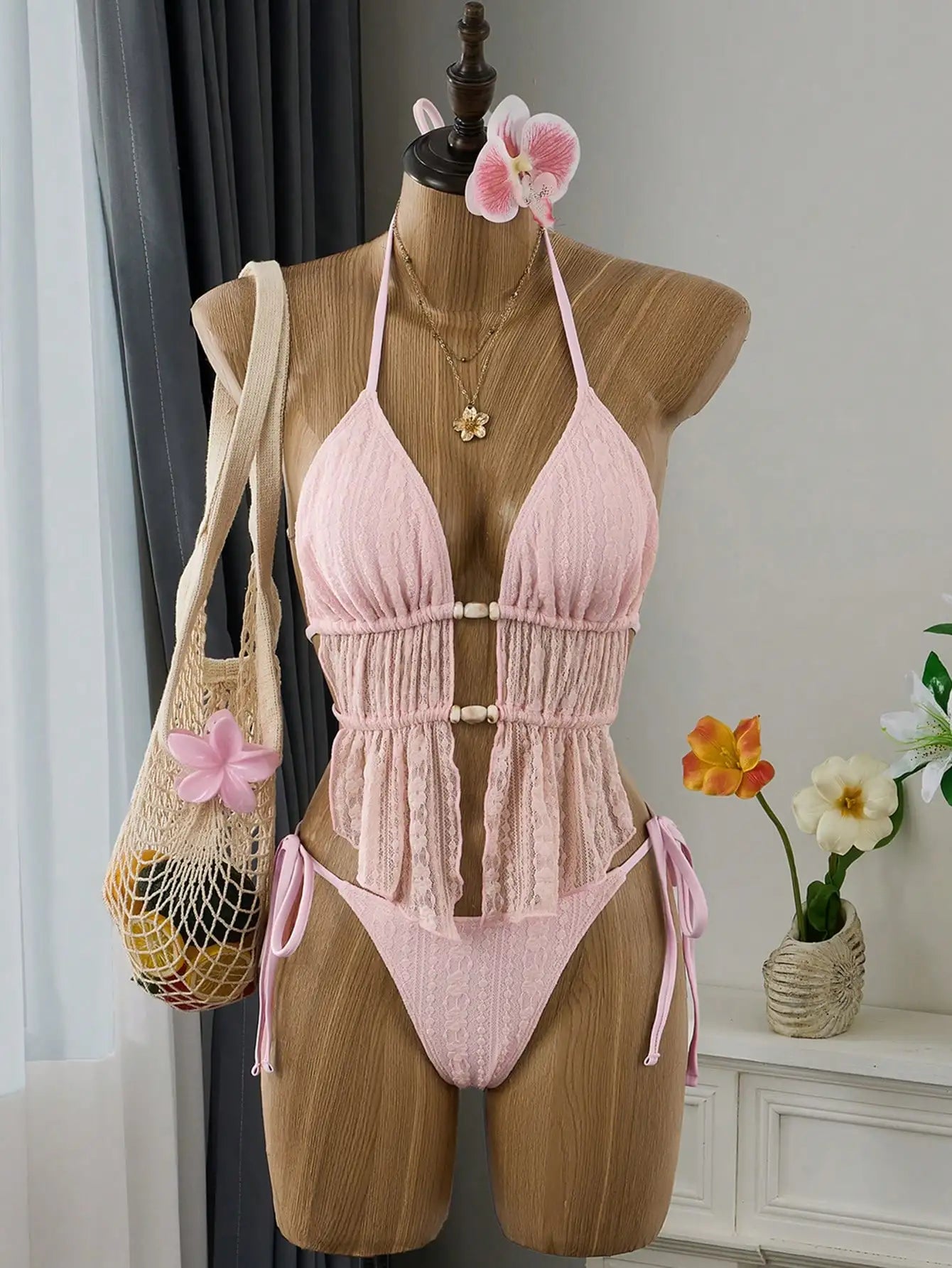 Cream Lace Halter Neck Tankini Set Beaded Detail And Tie Side Bottoms