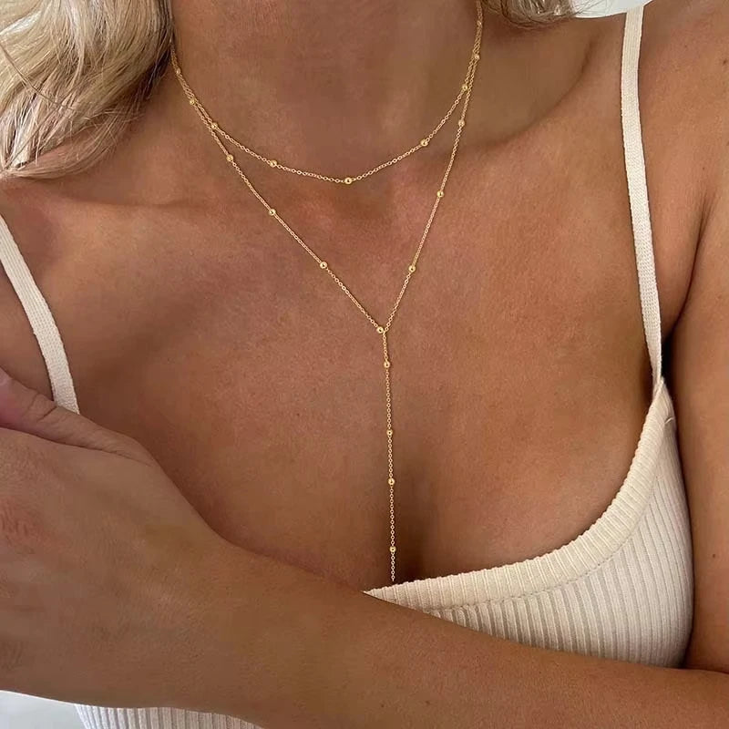 Stainless Steel Lariat Necklace Gold Plated Dainty Long Layered Y Shape Pendant