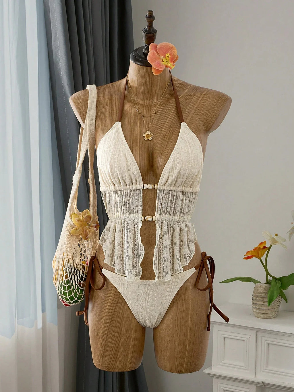 Cream Lace Halter Neck Tankini Set Beaded Detail And Tie Side Bottoms
