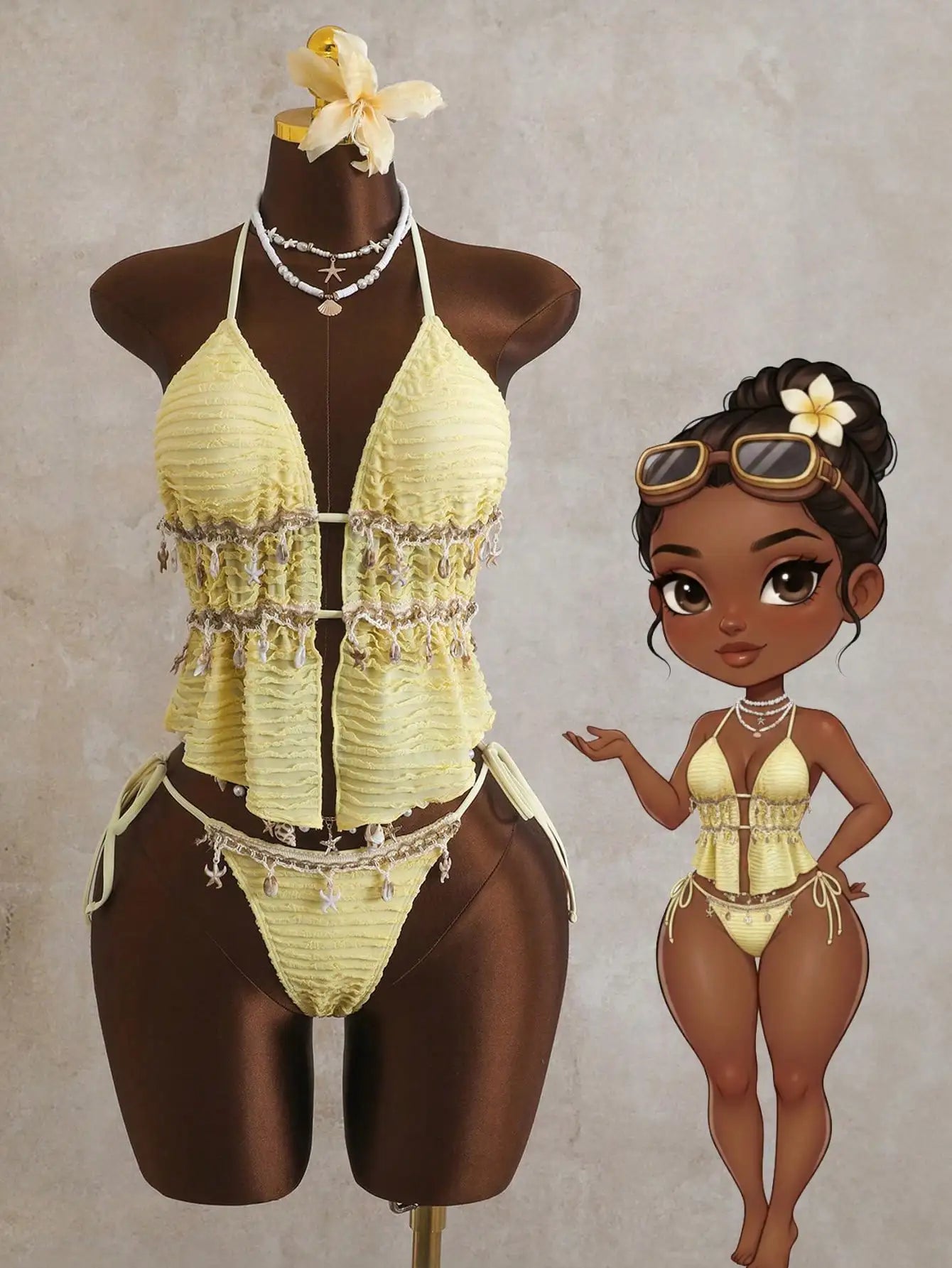 Cream Lace Halter Neck Tankini Set Beaded Detail And Tie Side Bottoms