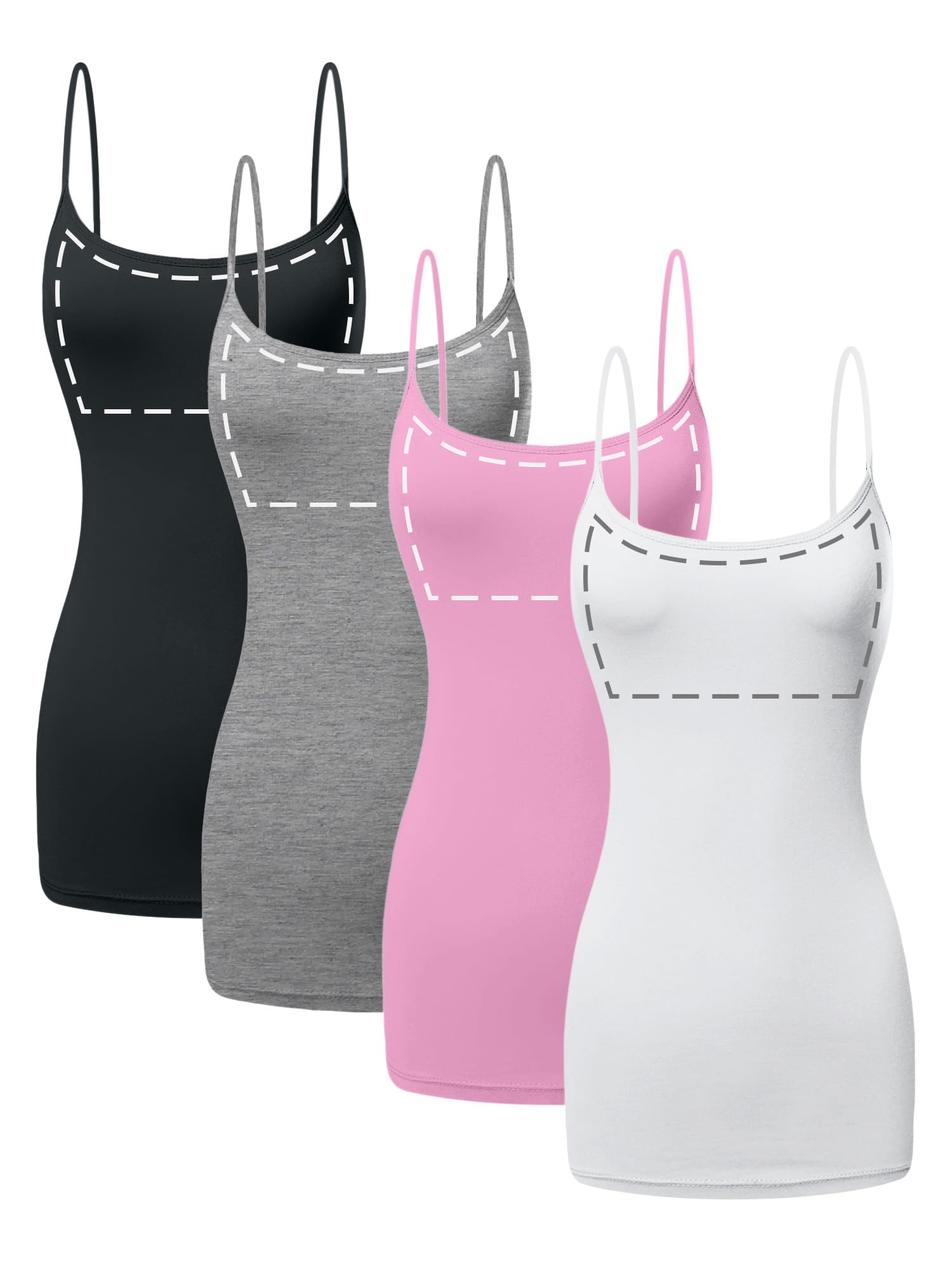 REVIRA Sugar Sunday 4 Pack Long Cotton Camisole Tank Top with Built in Bra for Women Basic Cami with Shelf Bra Tank Tops Undershirt Multicolor-20 Medium