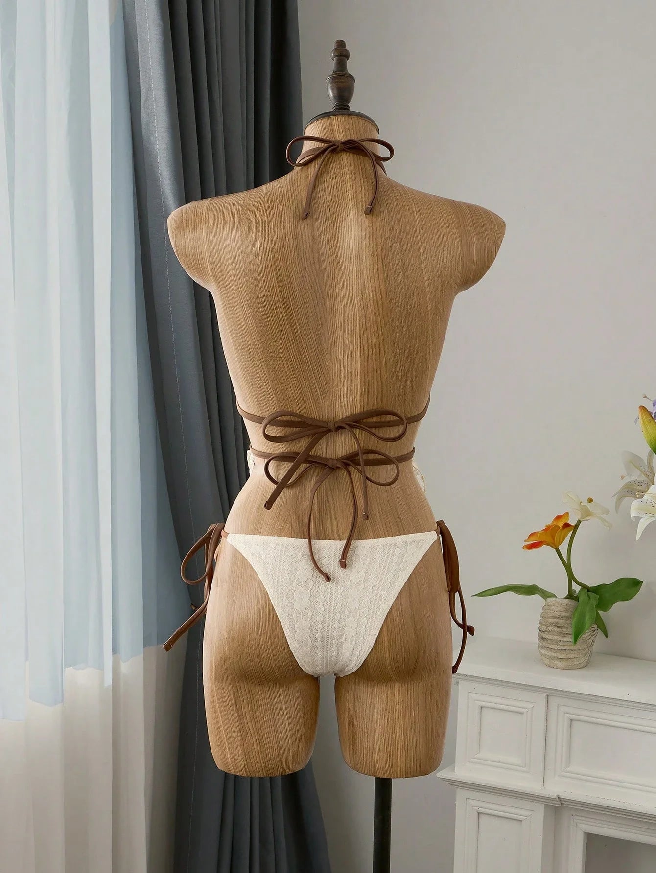 Cream Lace Halter Neck Tankini Set Beaded Detail And Tie Side Bottoms