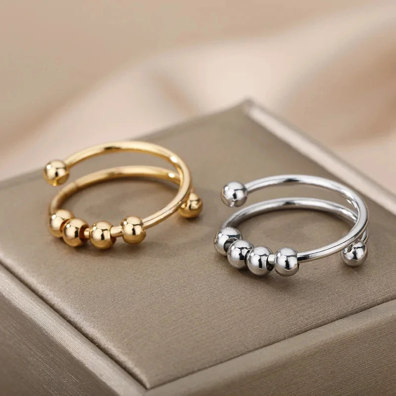 Anxiety Beads Spinner Ring For Women Adjustable Steel Stress Relief Jewelry Gift