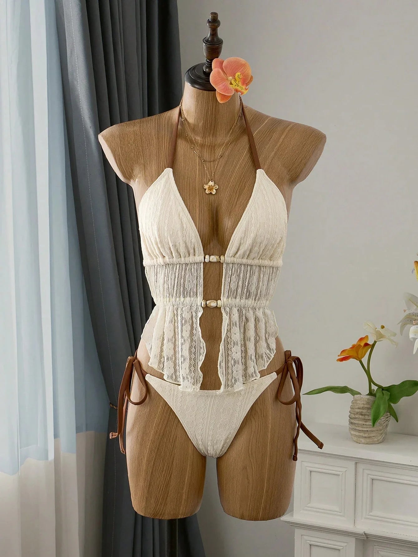 Cream Lace Halter Neck Tankini Set Beaded Detail And Tie Side Bottoms