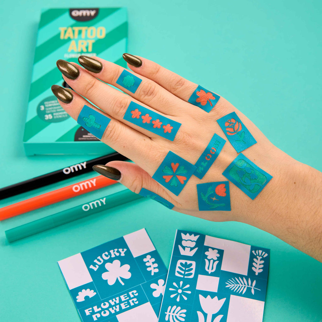 Flower Power Tattoo Art Kit With Skin Safe Ink Markers And Stencils