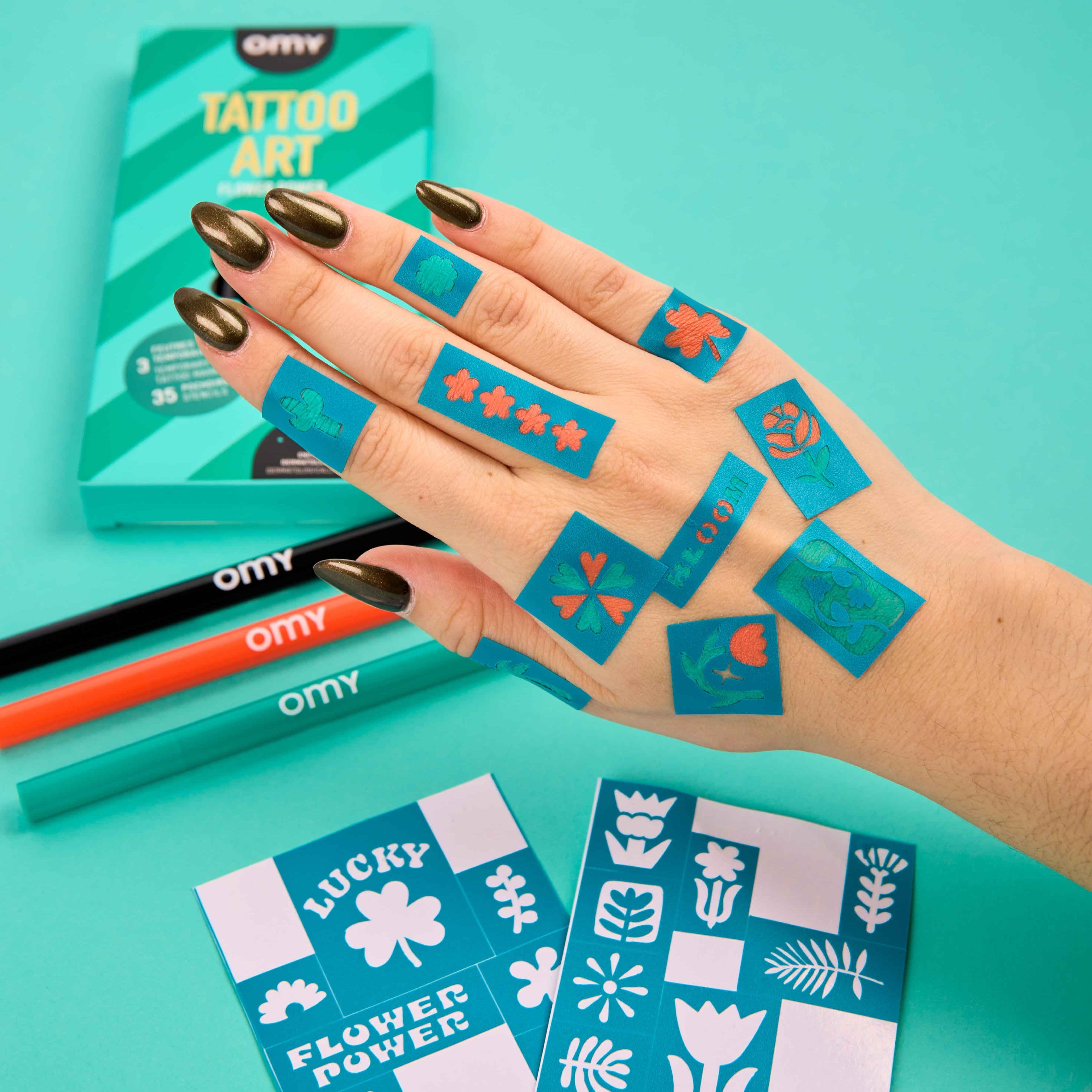 Flower Power Tattoo Art Kit With Skin Safe Ink Markers And Stencils