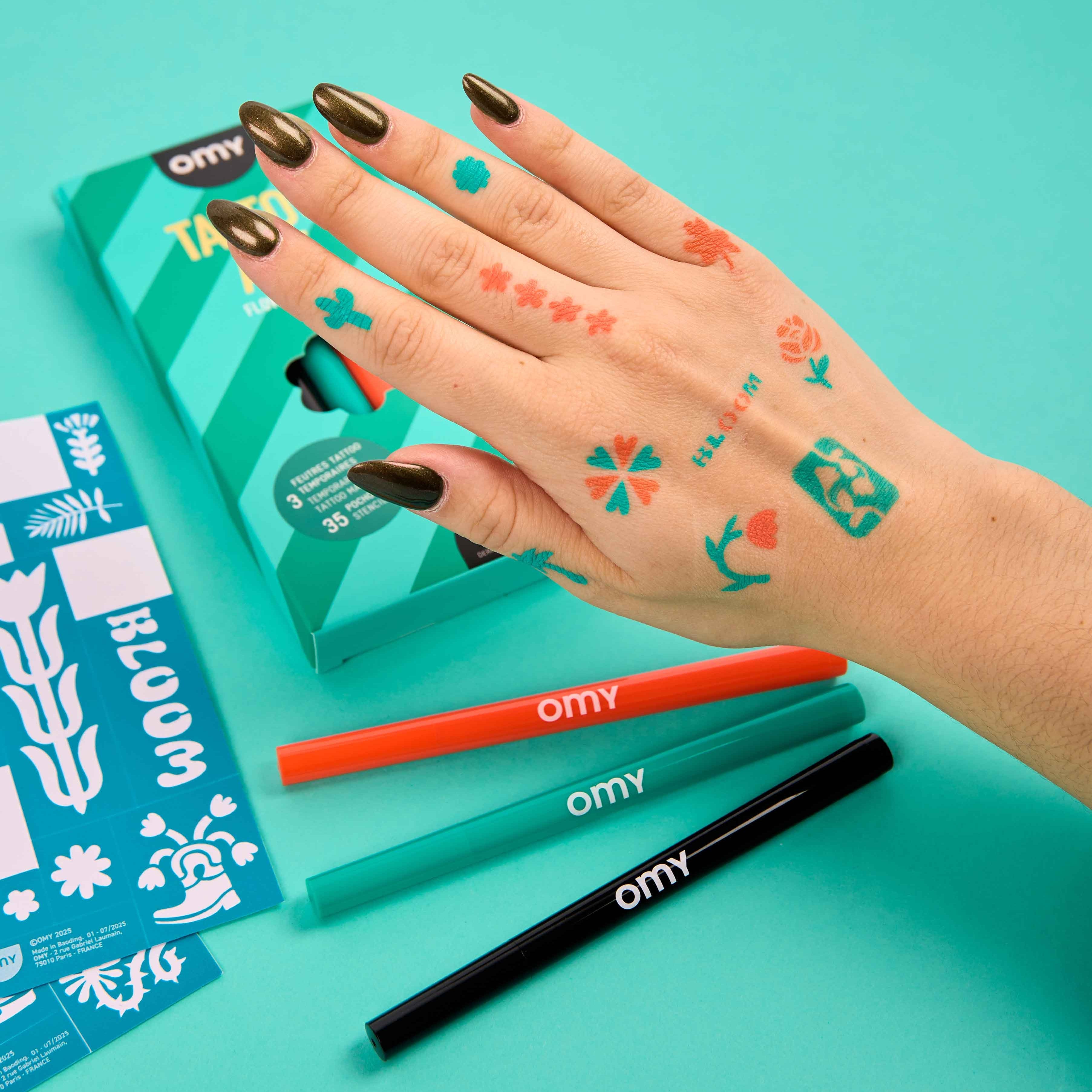 Flower Power Tattoo Art Kit With Skin Safe Ink Markers And Stencils
