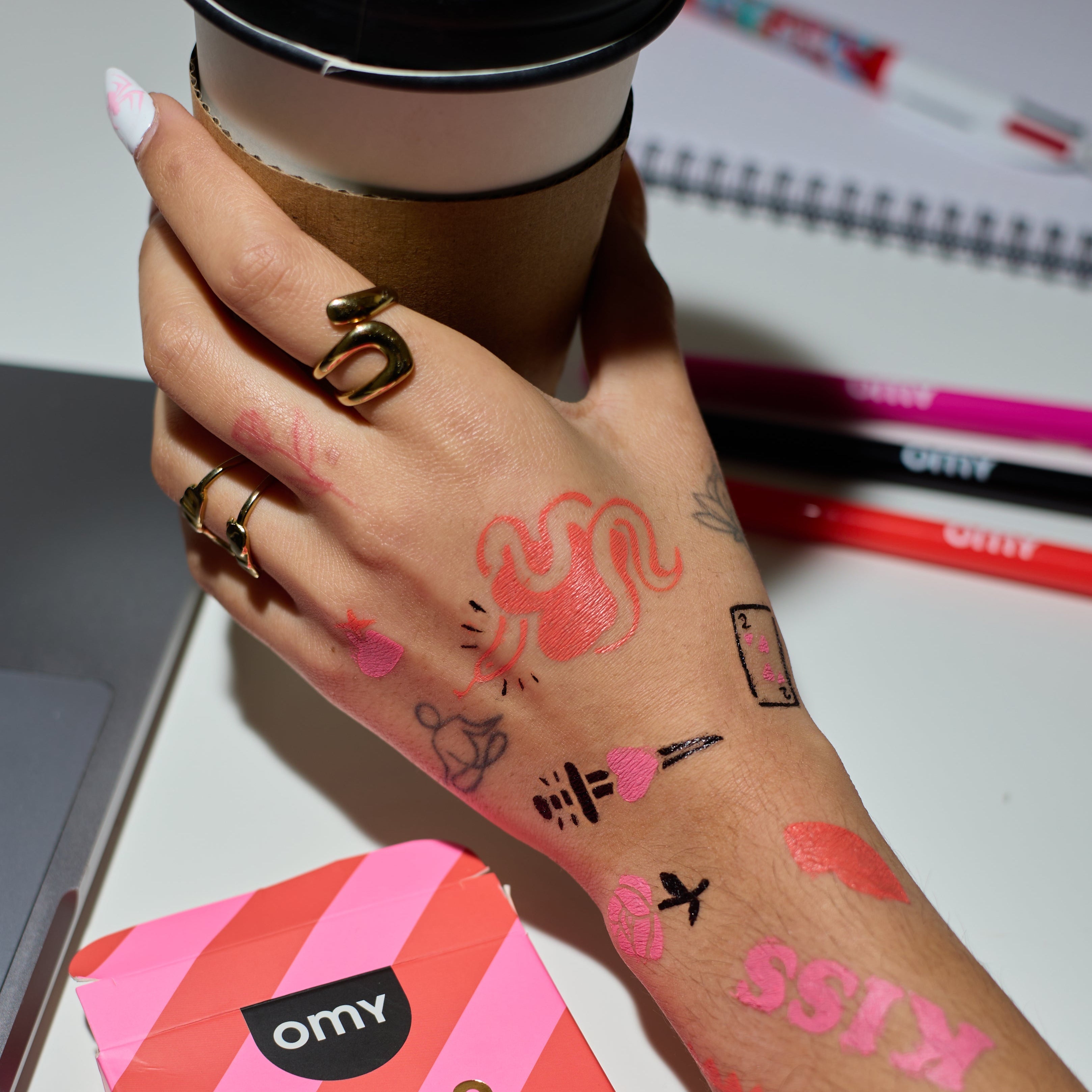 Temporary Tattoo Kit With Fast Drying Ink Markers And Stencils For Skin