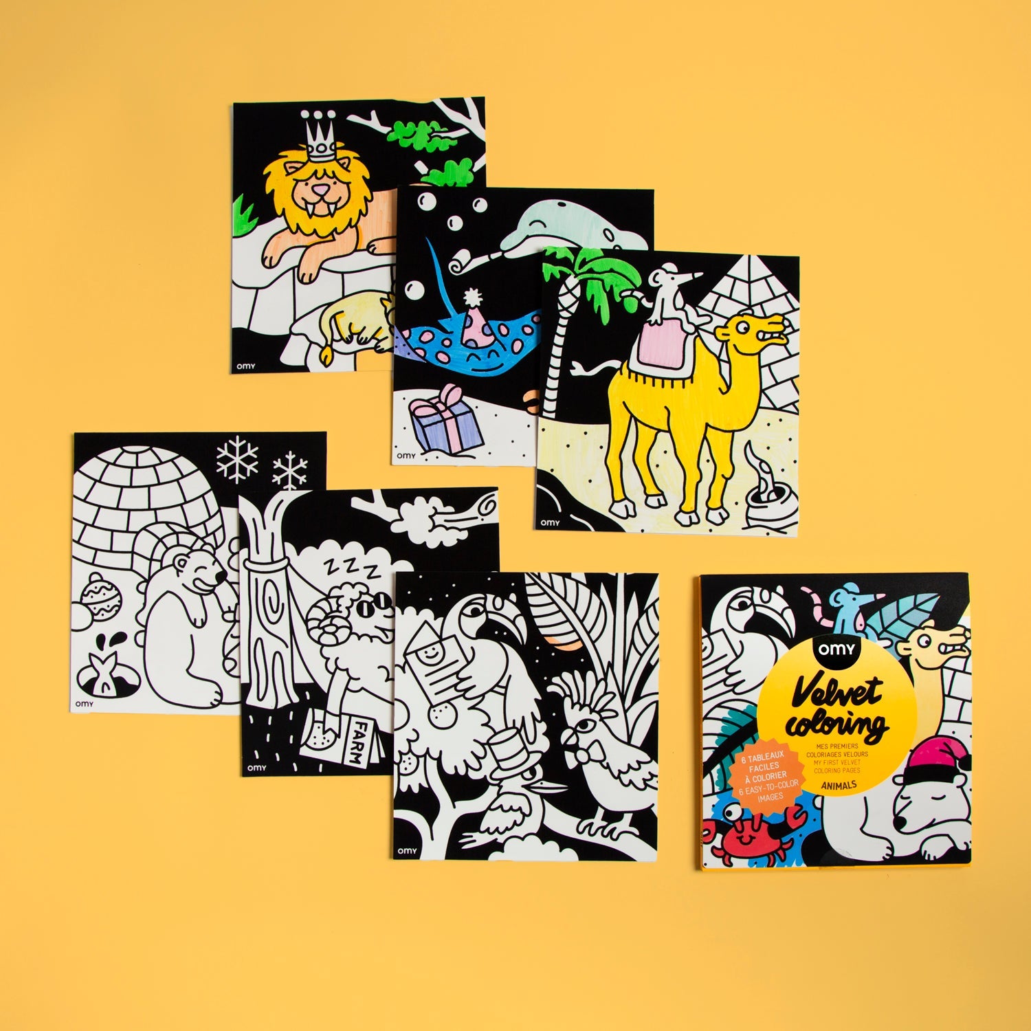 Animal Velvet Coloring Panels Set Six Featuring Tigers Bears Sea Animals Camels