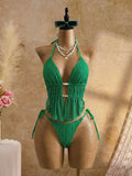 Cream Lace Halter Neck Tankini Set Beaded Detail And Tie Side Bottoms
