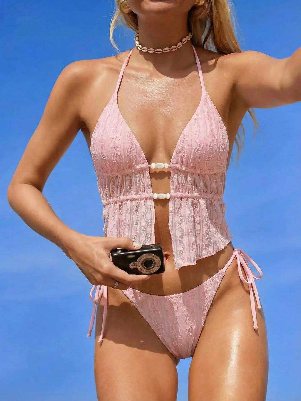 Cream Lace Halter Neck Tankini Set Beaded Detail And Tie Side Bottoms