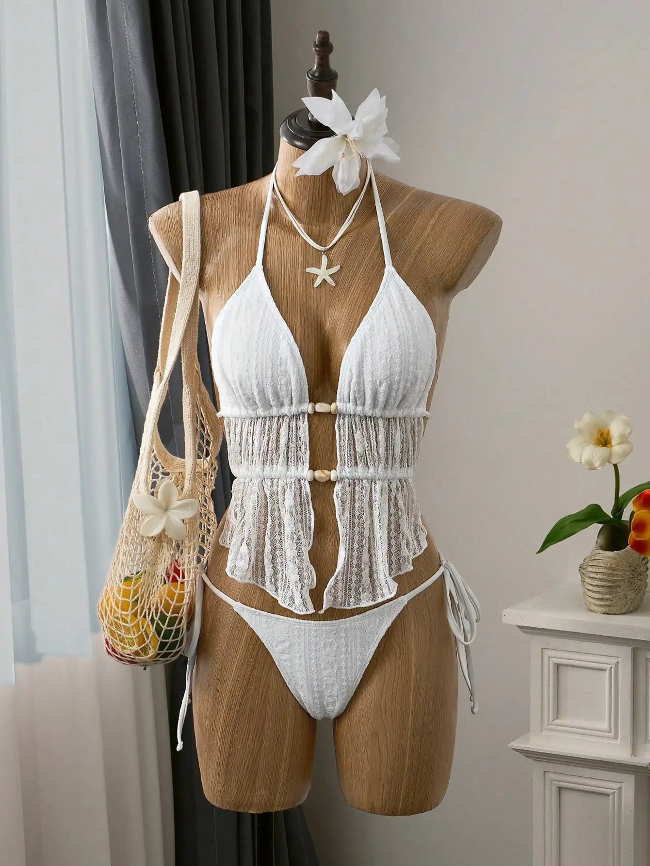 Cream Lace Halter Neck Tankini Set Beaded Detail And Tie Side Bottoms