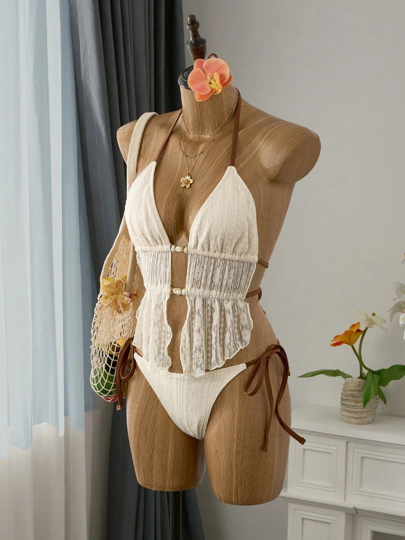 Cream Lace Halter Neck Tankini Set Beaded Detail And Tie Side Bottoms
