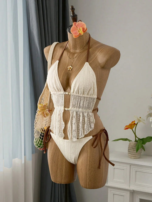 Cream Lace Halter Neck Tankini Set Beaded Detail And Tie Side Bottoms