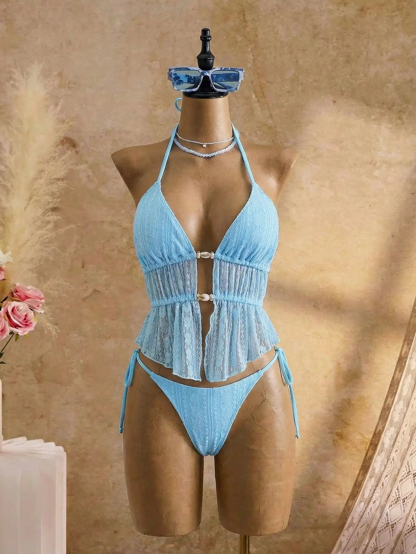 Cream Lace Halter Neck Tankini Set Beaded Detail And Tie Side Bottoms
