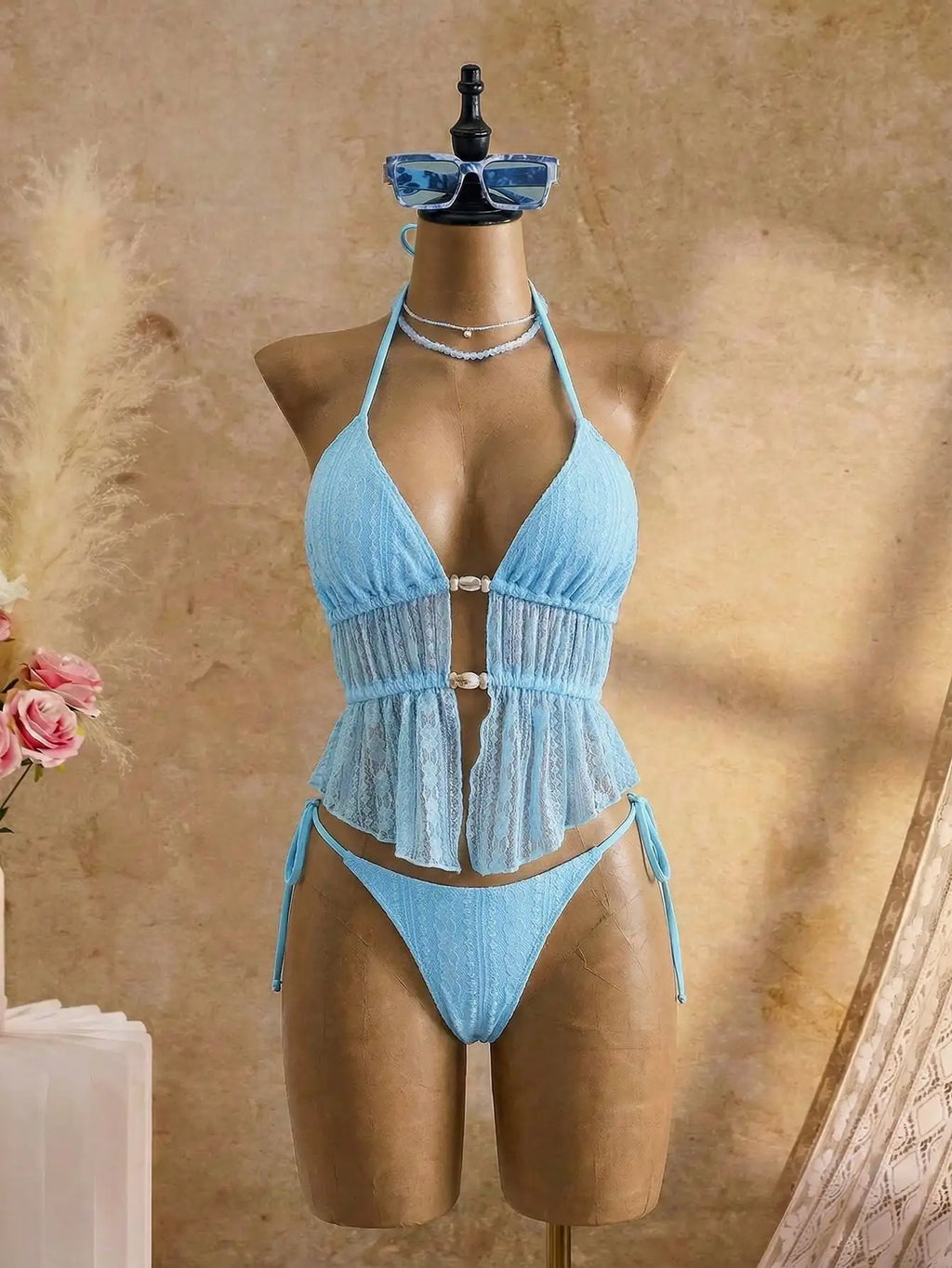 Cream Lace Halter Neck Tankini Set Beaded Detail And Tie Side Bottoms
