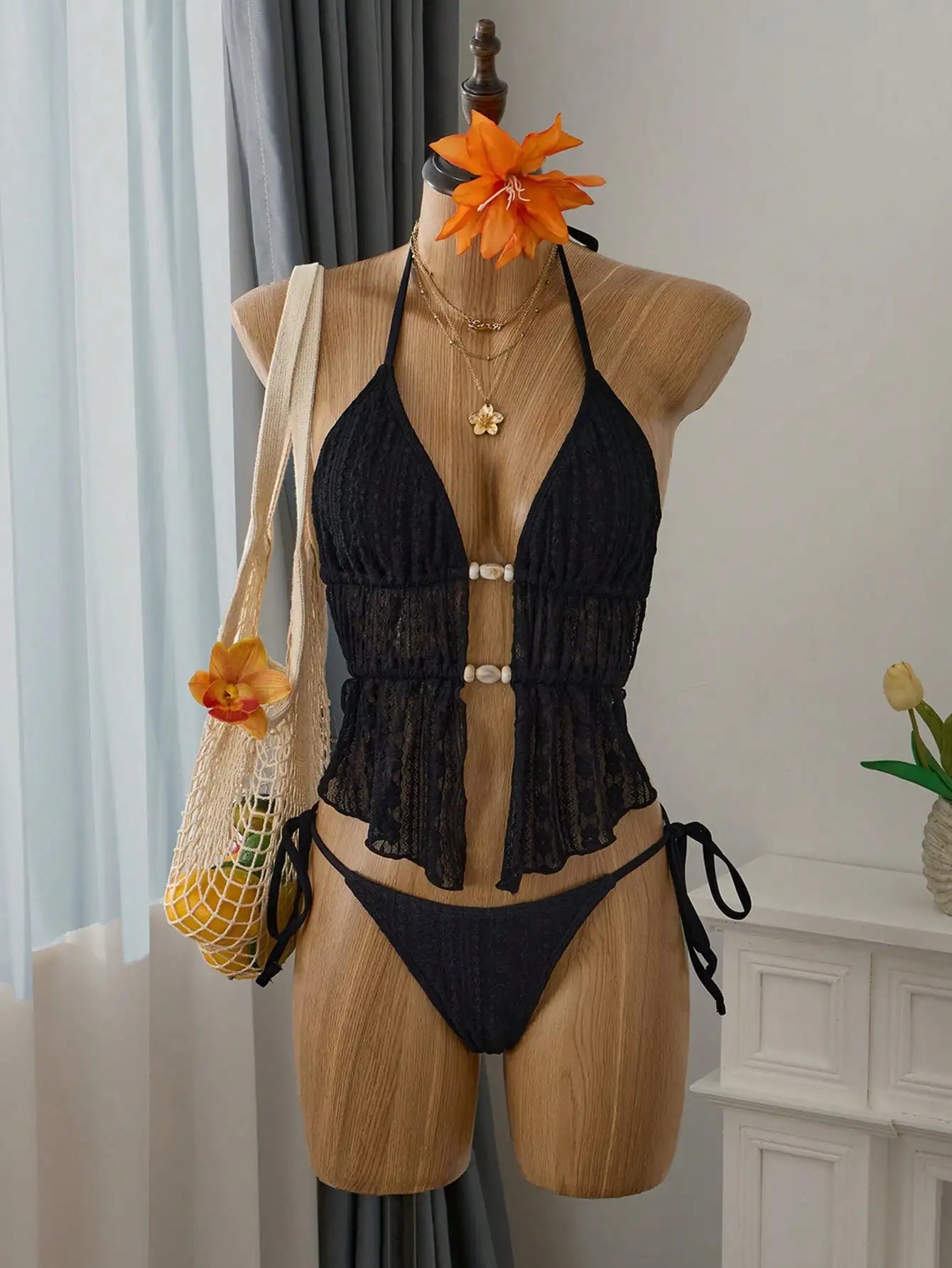 Cream Lace Halter Neck Tankini Set Beaded Detail And Tie Side Bottoms