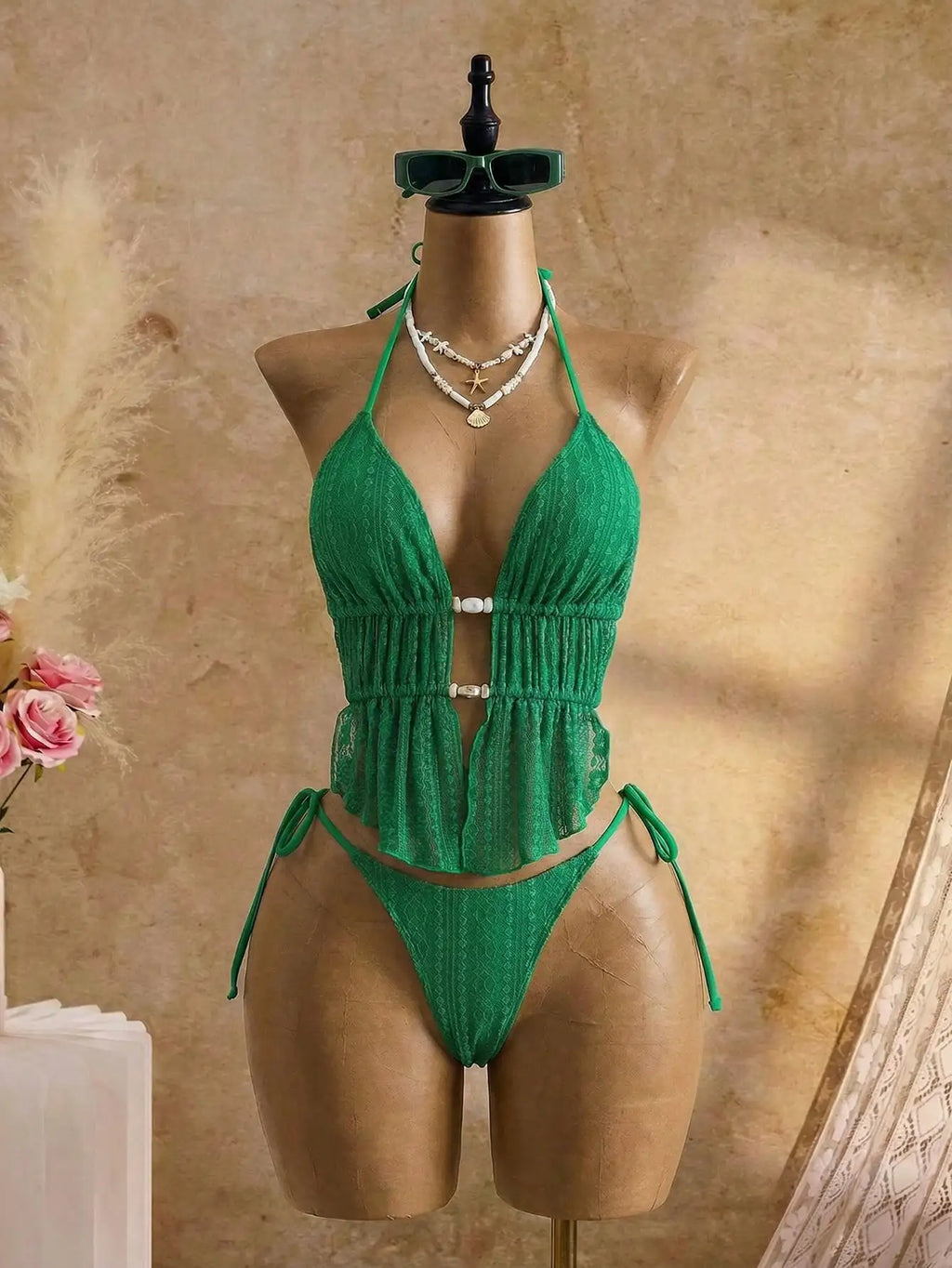 Cream Lace Halter Neck Tankini Set Beaded Detail And Tie Side Bottoms