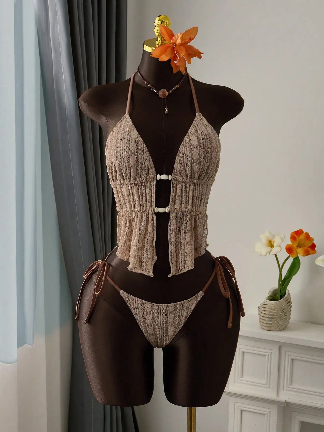 Cream Lace Halter Neck Tankini Set Beaded Detail And Tie Side Bottoms
