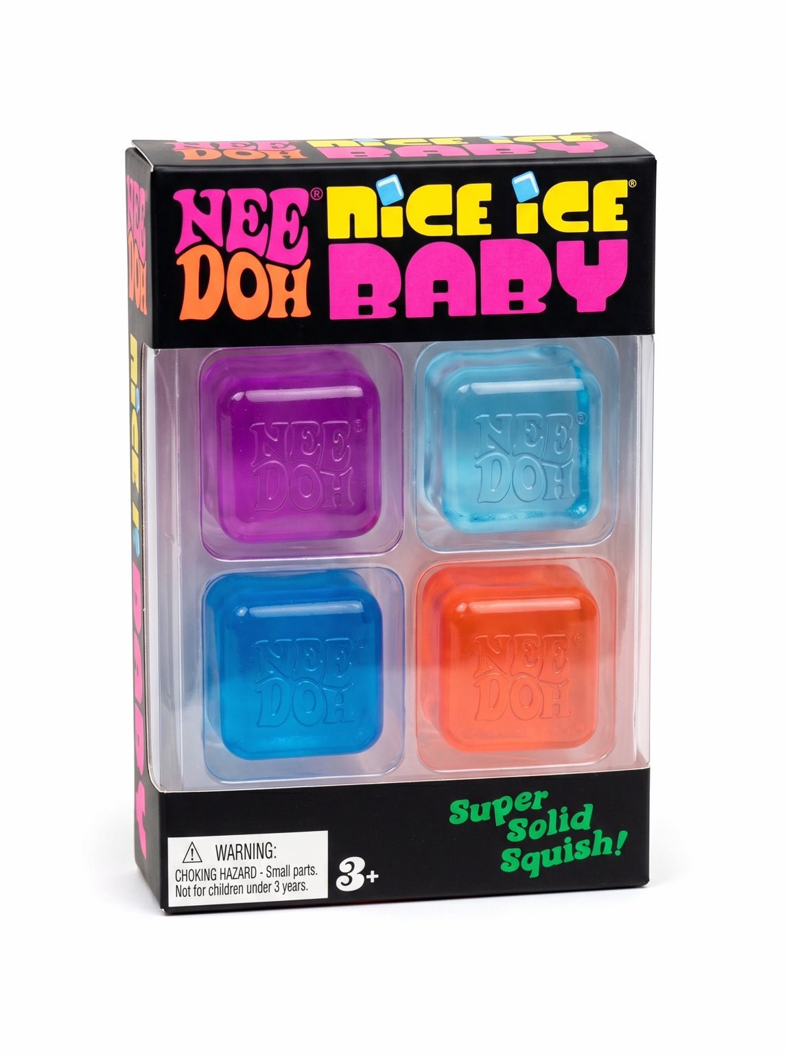 NeeDoh Nice Ice Baby set of four colorful 1-inch sensory cubes in retail packaging