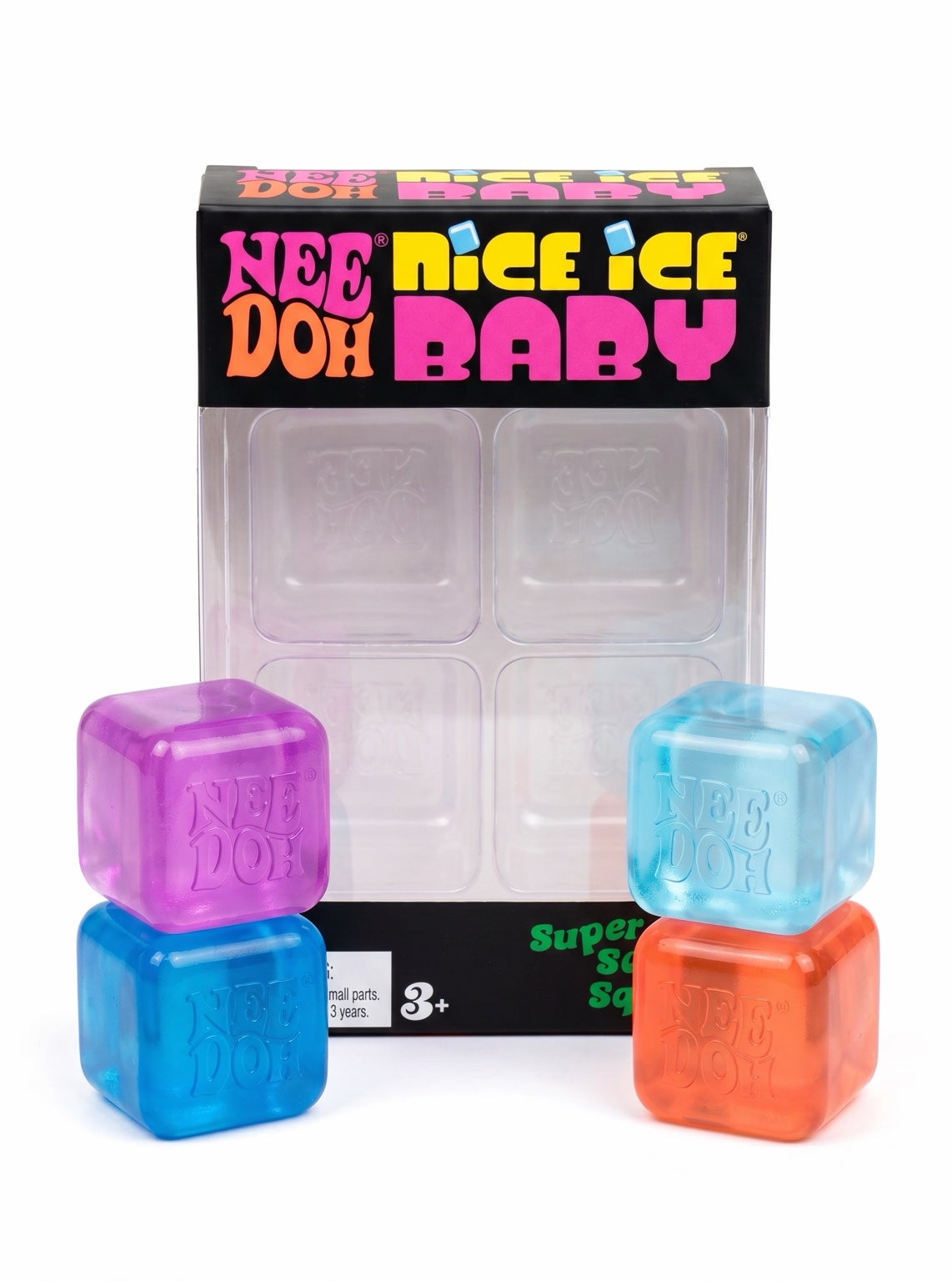 NeeDoh Nice Ice Baby four colorful sensory cubes displayed outside the package