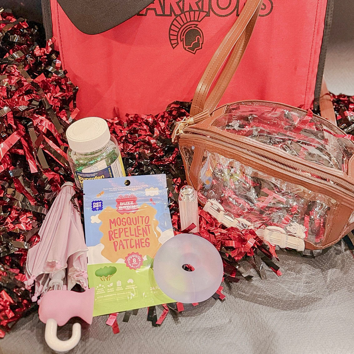 Clear football game day purse beside Pool Boy phone umbrella, Speks loop and mosquito patches