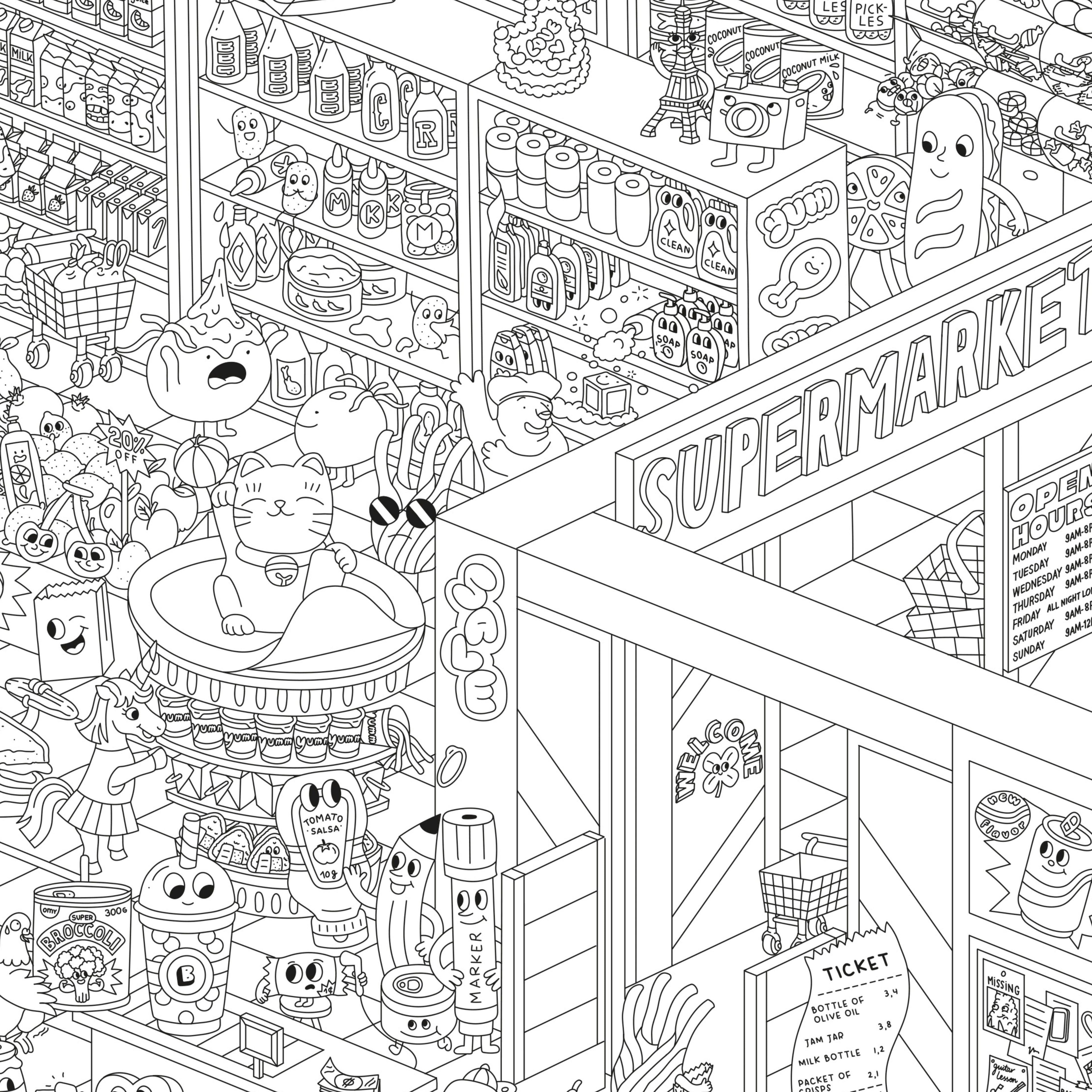 Super Market Giant Coloring Poster With Silly Shop Scenes