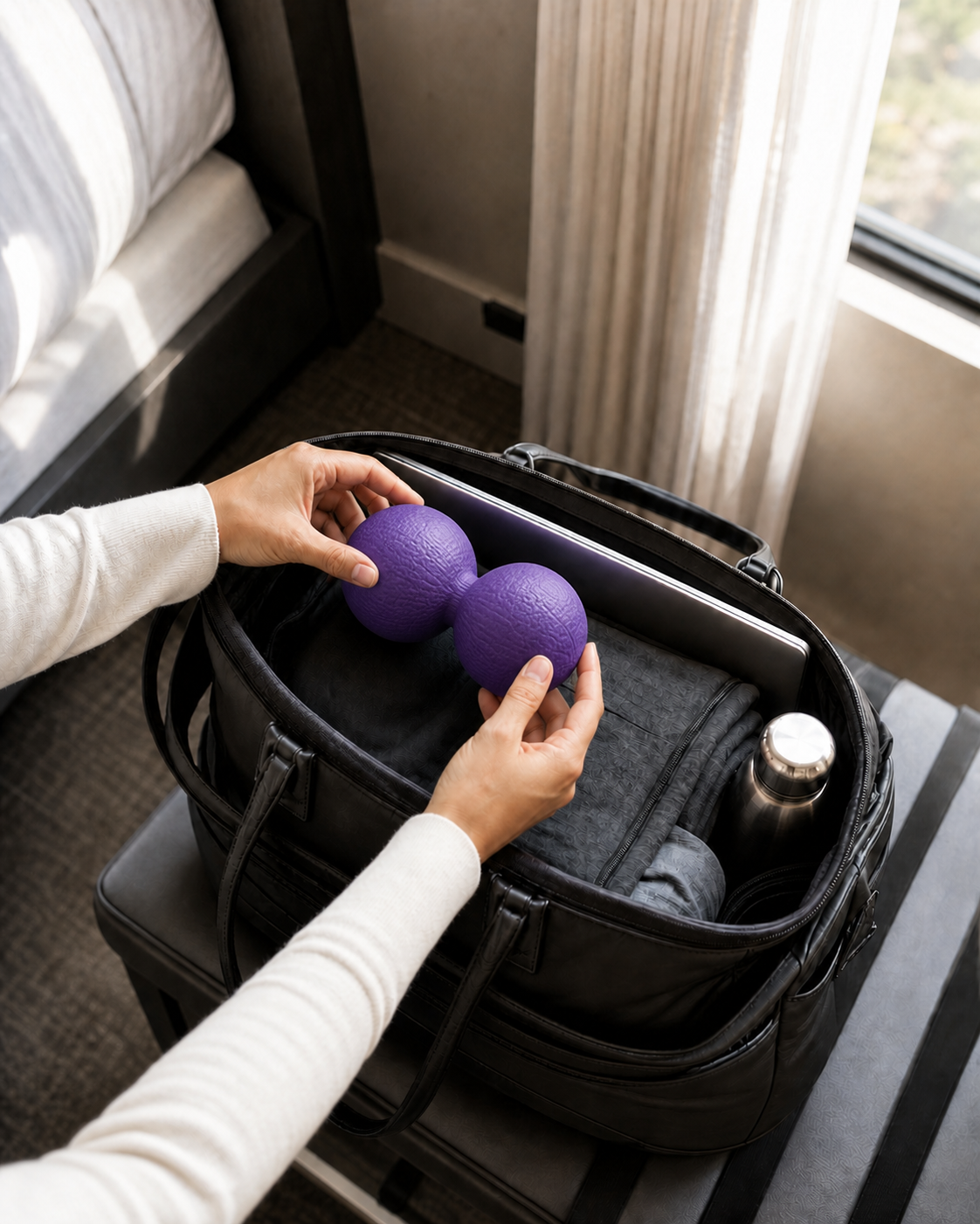 Full-size purple peanut massage ball matching the product being packed in a professional travel work bag