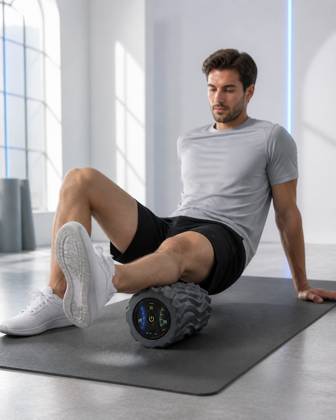 Athlete using a compact vibrating foam roller beneath the calf