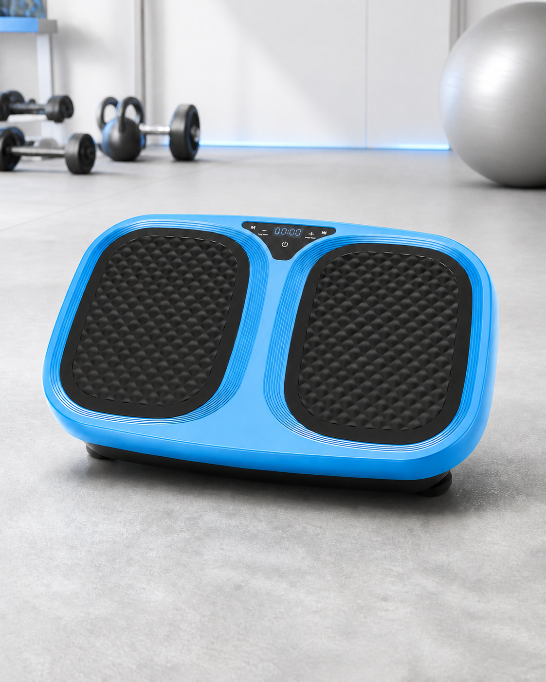 Blue vibration plate in a bright athletic studio