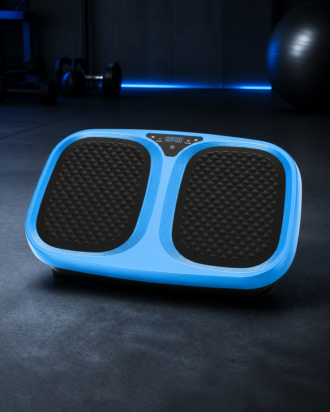 Blue vibration plate on a dark home-gym floor