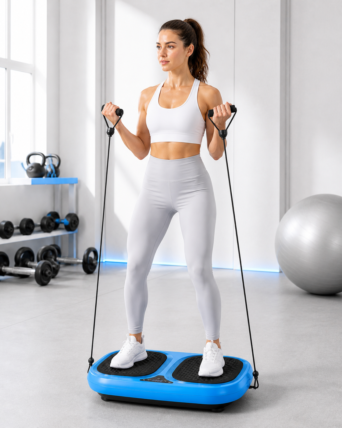 Athlete standing on a blue vibration plate while using the included resistance handles